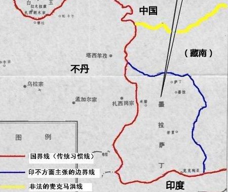 黄线以北为中国实际控制区域,以南为印度实控的中国藏南地区